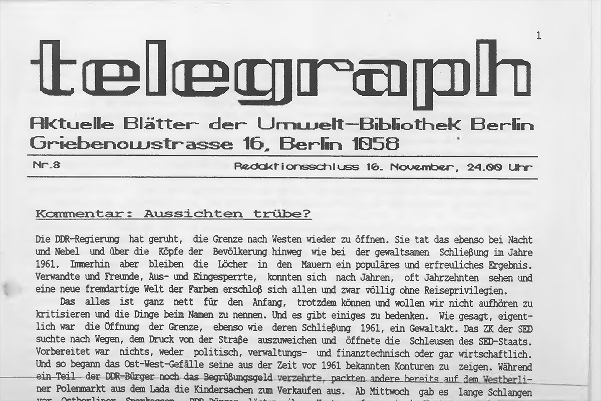 Deckblatt der DDR-Oppositions-Zeitschrift telegraph, Nr.8/89, vom 16. November 1989