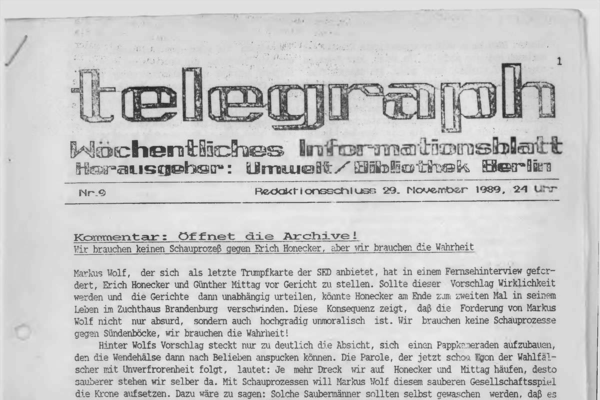 Deckblatt der DDR-Oppositions-Zeitschrift telegraph, Nr.9/89, vom 29. November 1989