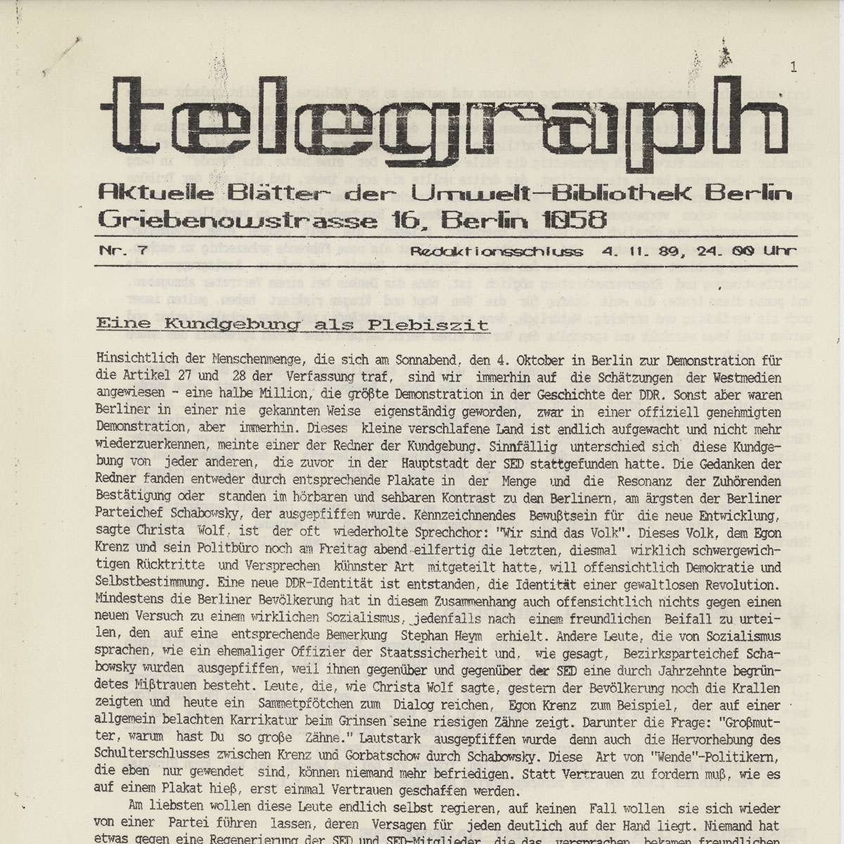 Deckblatt der DDR-Oppositions-Zeitschrift telegraph, Nr. 7/89, vom 4. November 1989